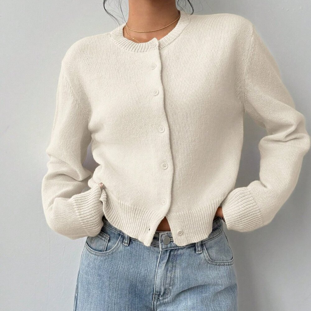 Beige Casual Women's Round Neck Long Sleeve Loose Cropped Sweater Cardigan - Picture 4 of 6